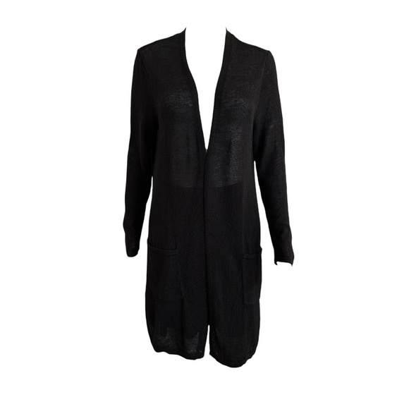 J Jill Black Long Length Cardigan Sweater Womens M Linen Blend Slits Minimalist - Picture 1 of 14